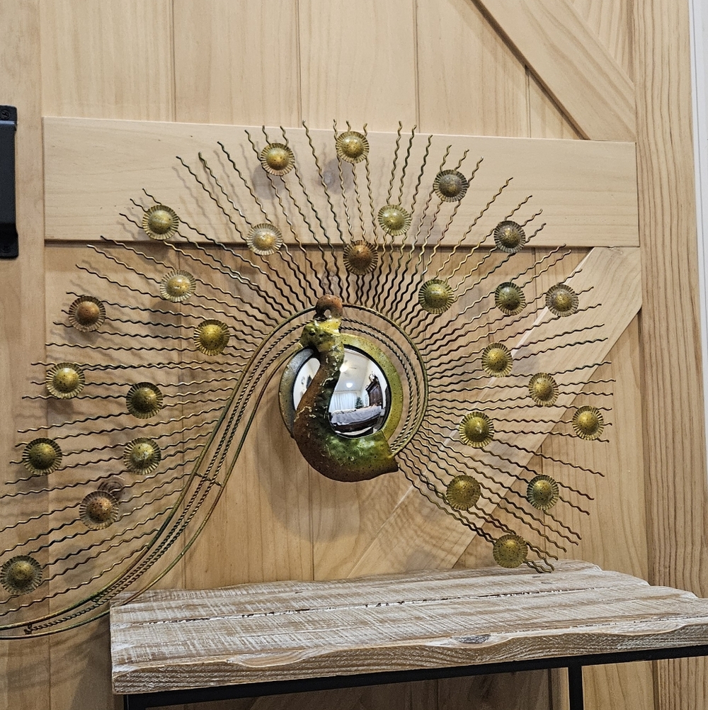 Vintage | Art Deco Green And Gold Metal Peacock Decorative Mirror